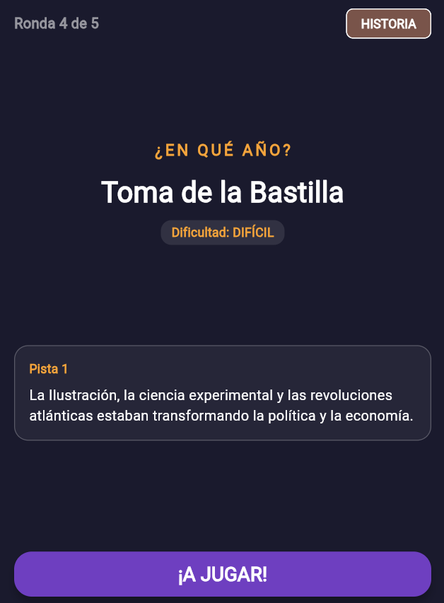 Captura de pantalla de Anacronista mostrando una ronda del juego