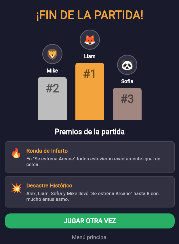 Captura de pantalla de Anacronista mostrando resultados de partida